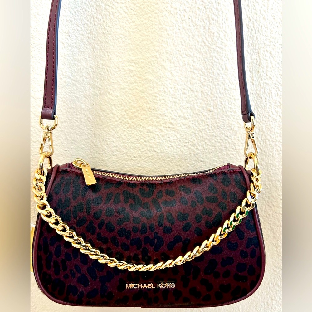 Michael Kors NWT Carmela Oxblood Pouchette Crossbody Leather & Pony Hair Gold